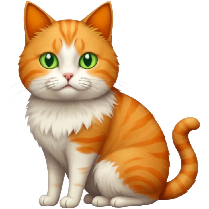 full body white, ginger and tabby cat with skinny head and fat body with an anxious face emoji