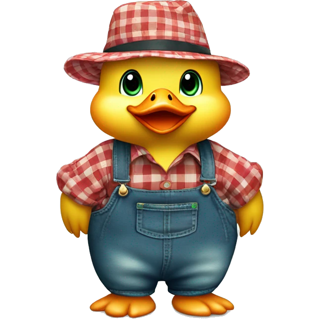 cute fluffy chubby baby duck with hand and wear green hat and red checkered shirt and jeans jumpsuit emoji