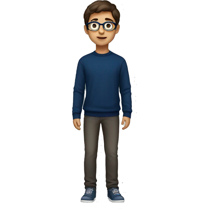 winter, christmas, young boy, short  brown hair, brown eyes, hispanic, dark blue sweater, full body, blue glasses emoji