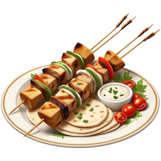 cinematic-realistic-souvlaki-dish-emoji,-showcasing-skewered,-grilled-chicken-with-mediterranean-spices-rendered-with-dynamic-textures-and-warm,-appetizing-lighting on pita bread on a plate emoji