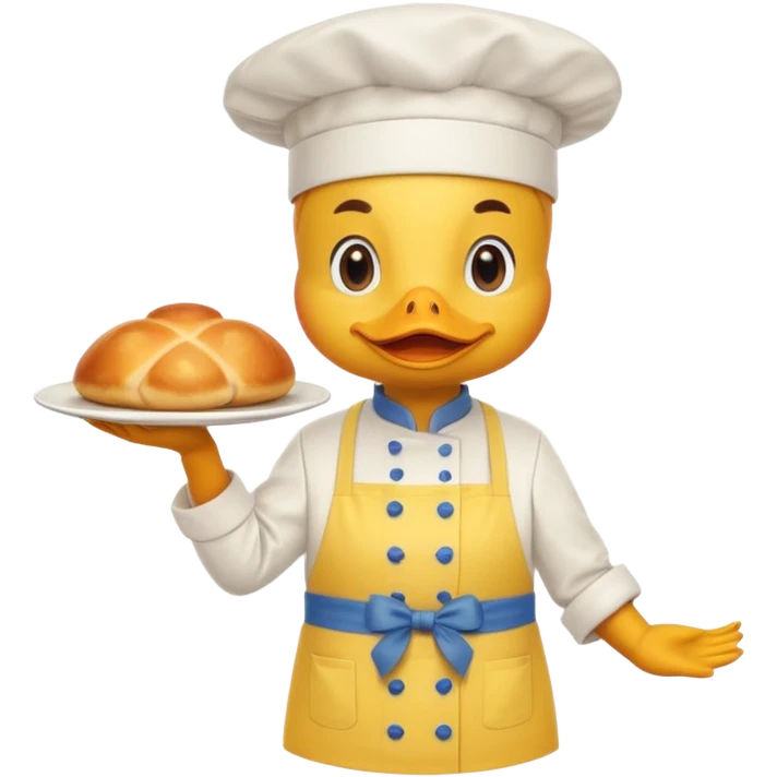 A duck in chef hat presenting a plate of fancy cuisine proudly wearing yellow apron emoji