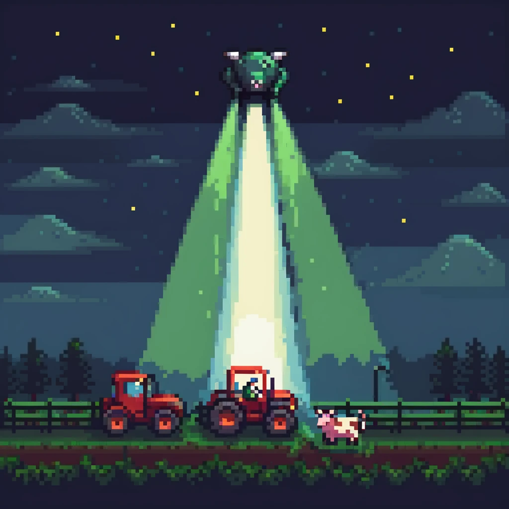 UFO abduction scene with a cow being lifted by a tractor beam at night emoji