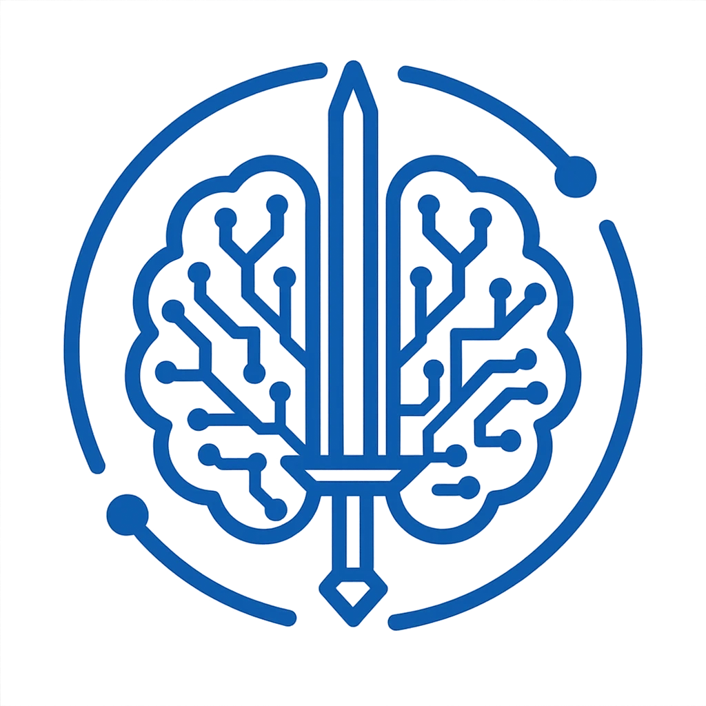 minimalist vector icon of a human brain symmetrically divided by a central energy blade (neural blade), with fine lines resembling circuits and neurons network inside each hemisphere, surrounded by a broken circle with three points representing activation, evolution, power, flat style, monochromatic neon blue color, conveying intelligence, strategy, mental expansion, and technological mastery, ideal for emoji, seal, or digital badge emoji