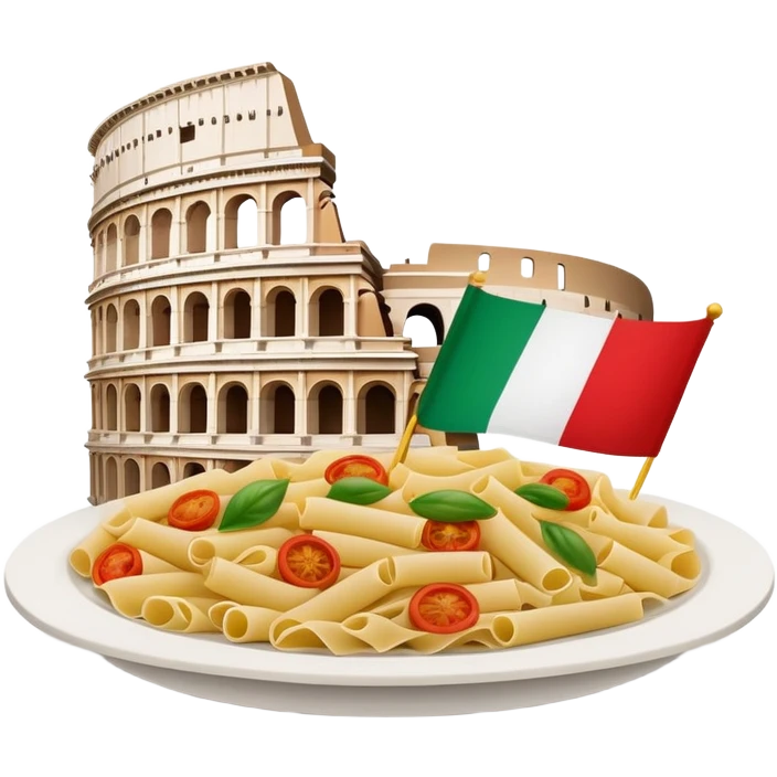 An icon featuring the Colosseum and the flag of Italy, symbolizing the Italian language. The design includes an open book with Italian phrases and a plate of pasta, representing language learning and cultural heritage. Transparent background emoji