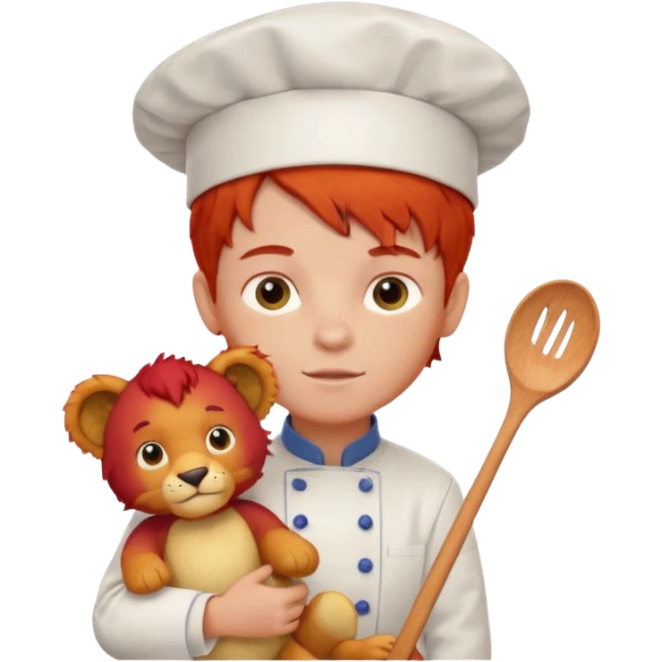 boy kid italian chef, red haired, uniform, holding plush lion emoji