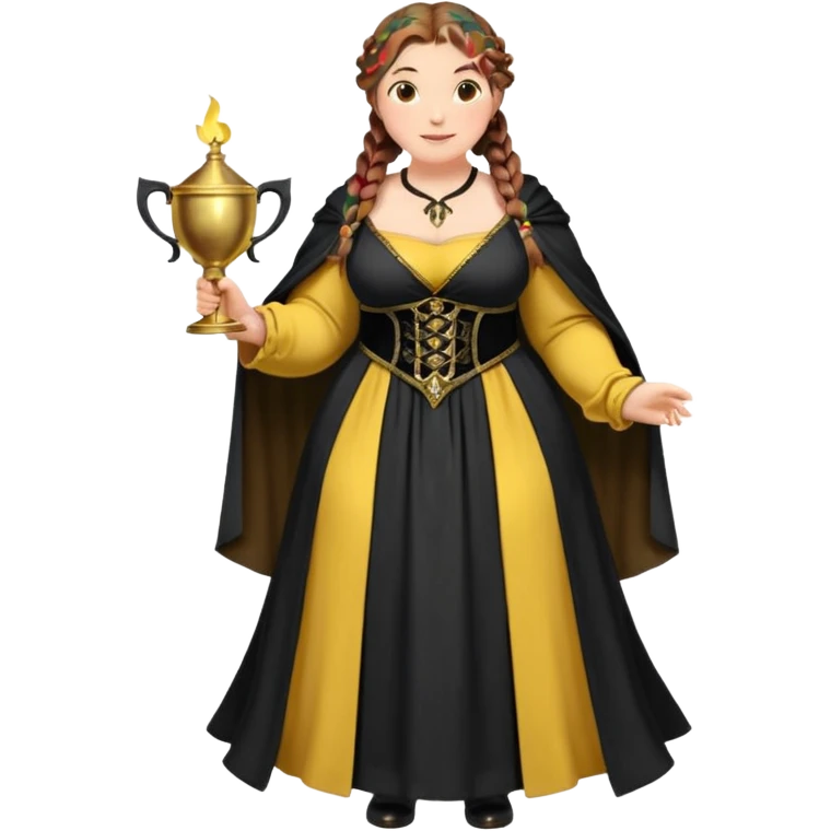 Helga Hufflepuff,brown-haired,2 braids,yellow-black medieval open dress,deep neckline,fat macromastia,black cloak decorated with gold braiding,gold cup with two handles,wand,very kind smile,curvy busty sweet woman,round rosy cheeks,full length with medieval shoes emoji