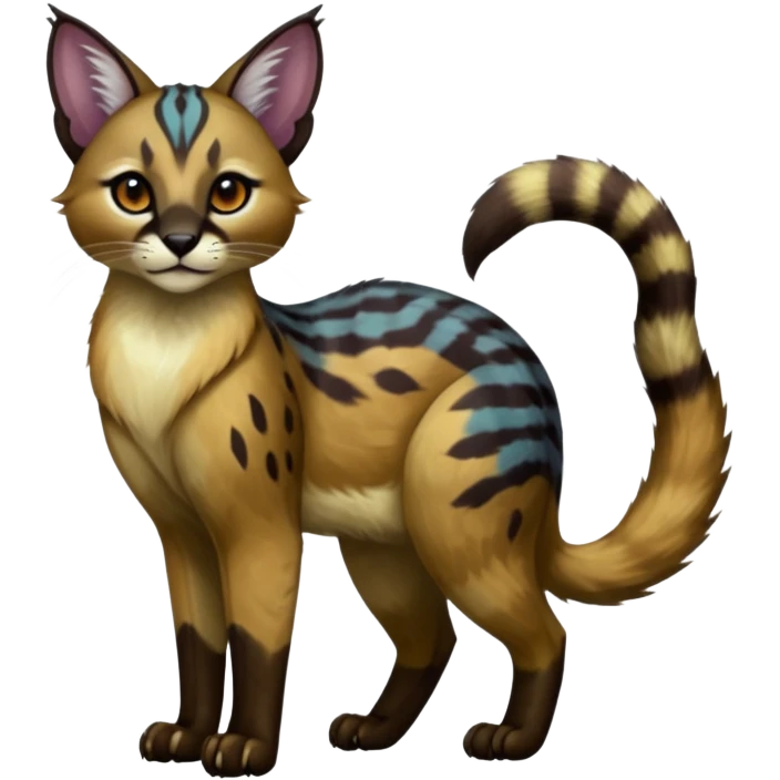 Dark murky gloomy foggy spooky colorful painted marked patterned Asian glorious divine exotic cute cool beautiful shiny beautiful fantasy-caracal-civet-genet-sergal-vernid-Cacomistle-oncilla-animal-Fakémon-hybrid-fursona (full body) emoji