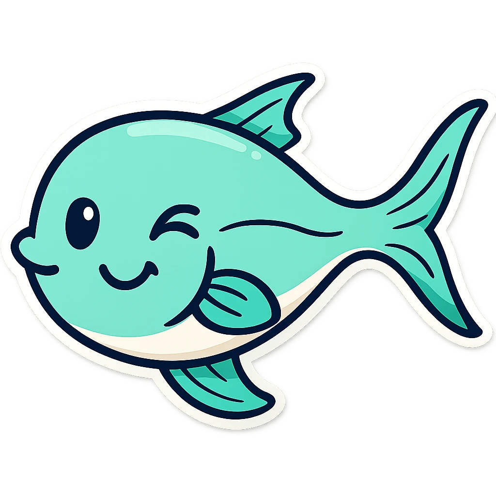 Create a cutesy fish with a winking expression in a cartoonish sticker style. Include one eye closed in a playful wink and a slight smile, keeping the fish adorable and charming. emoji