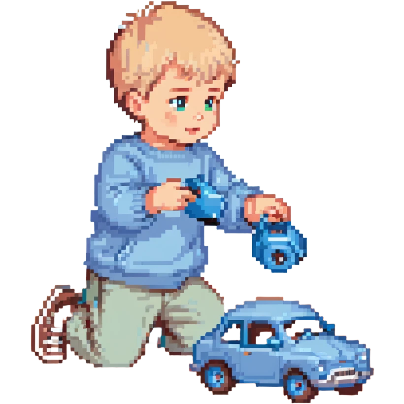 cute toddler boy with pastel blue clothes playing with a blue toy car emoji