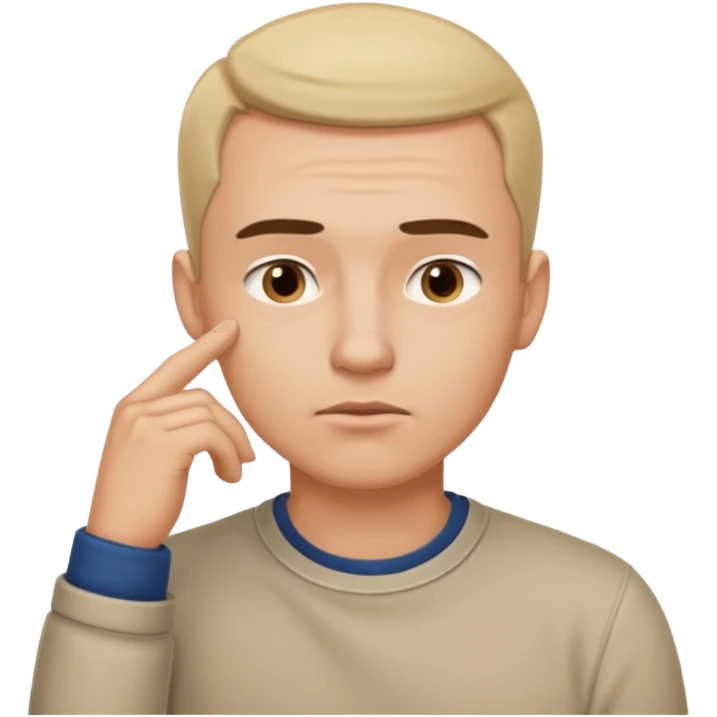 A clean-shaven man in casual clothing thinking critically, touching his chin with one hand, eyebrows slightly furrowed, focused and analytical expression. Neutral background, soft lighting, realistic emoji style. emoji