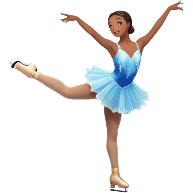 An icon featuring a graceful figure skater performing a spin on a sparkling ice rink. The scene includes a shimmering rink, colorful spotlights, snowflakes gently falling from the sky, and an audience in the stands, with a snowy landscape visible through large windows. Transparent background. emoji