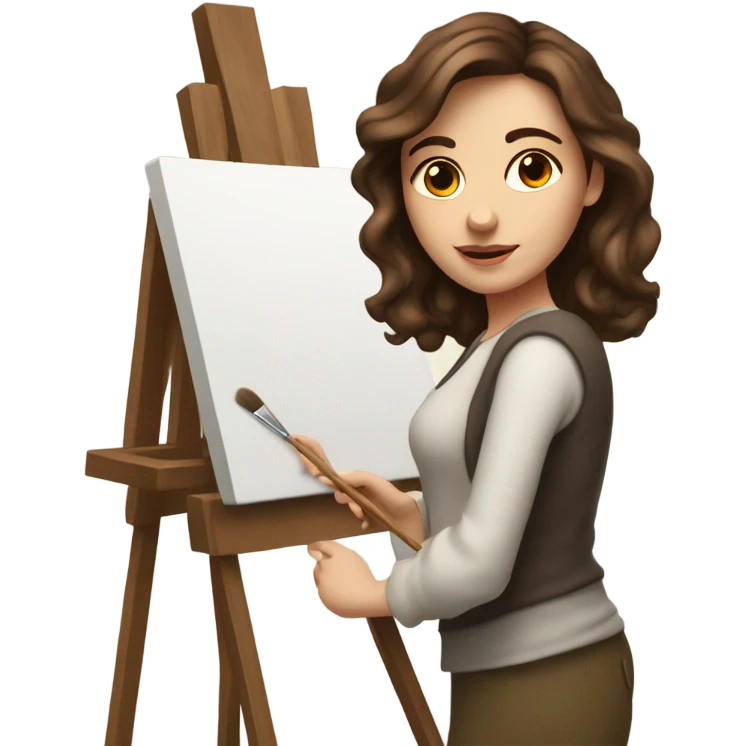 A female Caucasian brown haired artist, painting at an easel with Canvas on the easel emoji