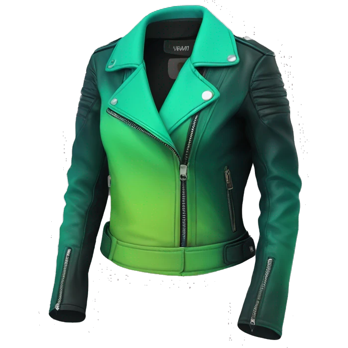 Realistic isolated side view of an open dark teal,lime green,mint green and emerald green ombre no collar moto style fashion leather jacket. emoji