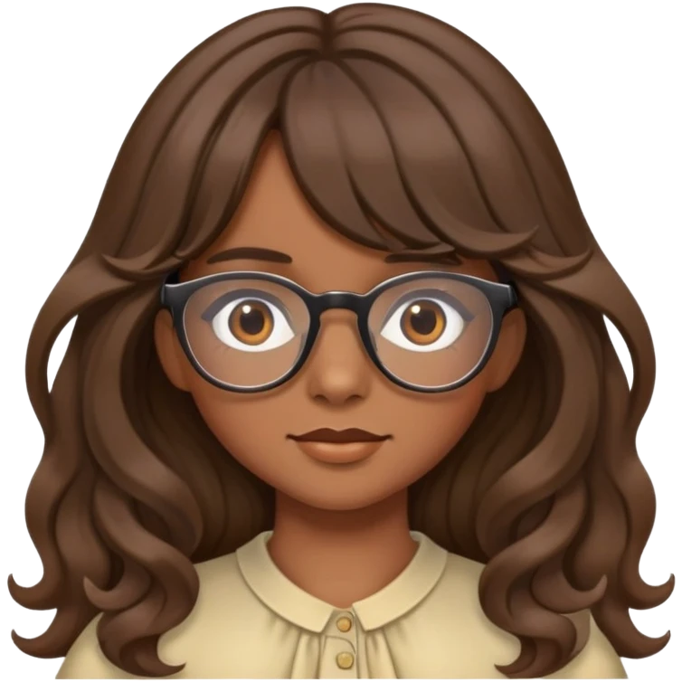 Girl with brown long wavy hair with curtain bangs and brown glasses  emoji