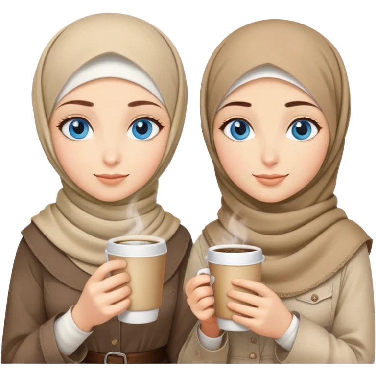 Turkish beautiful finish Konya two girls blue eyes with beige denim hijab islamic dress and had on her hand hot coffee   emoji