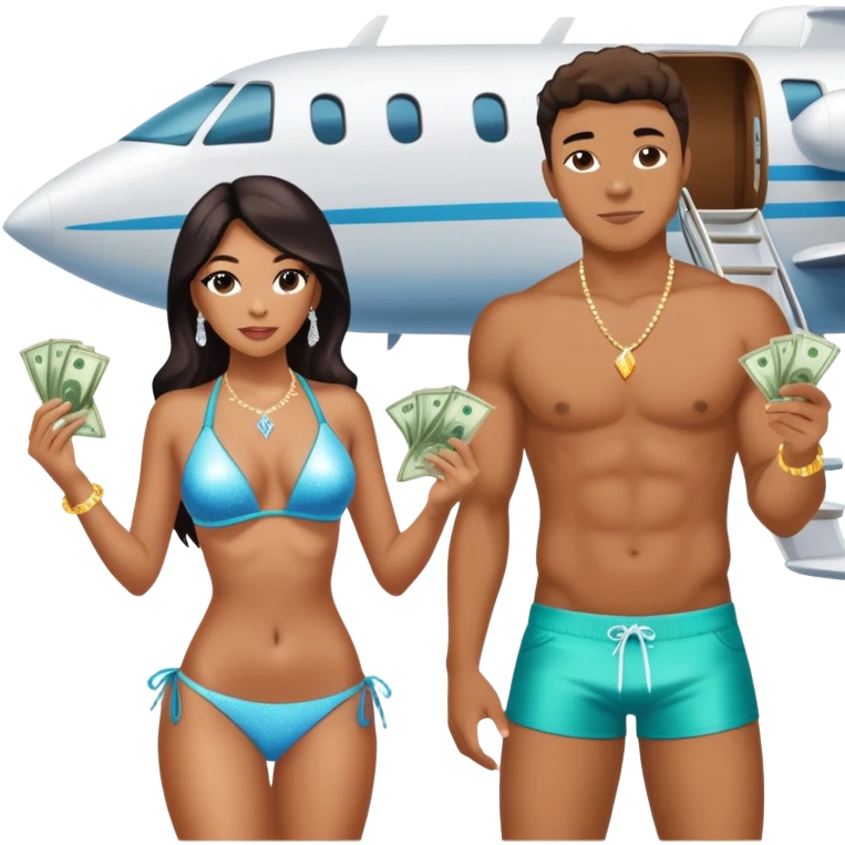 tefi valenzuela wearing diamond sparkle un top bikini and josh king madrid standing on private plane throwing money at her emoji