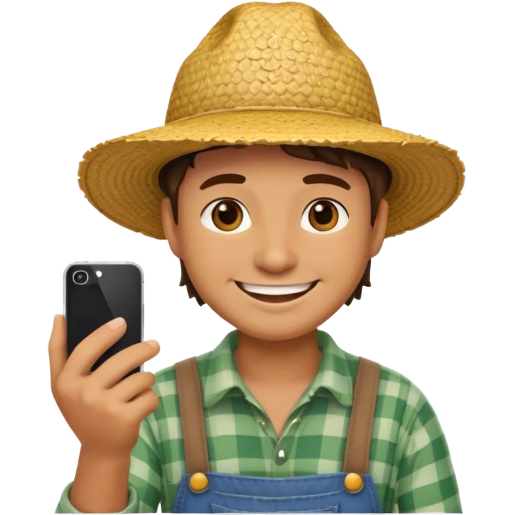 a smiling farmer emoji in a straw hat using a smartphone emoji