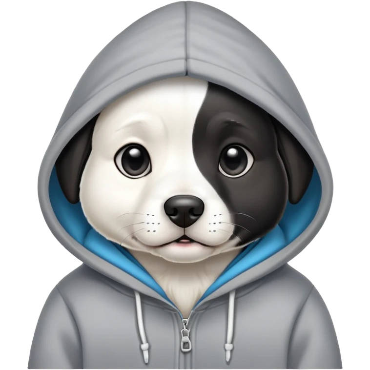 Black and white Dog wearing a hoodie cute emoji