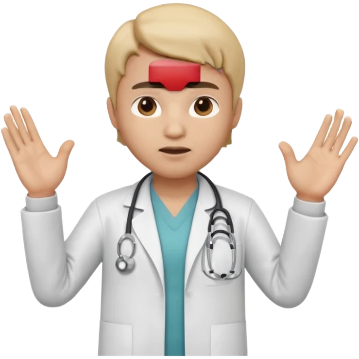 3D memoji doctor, hand raised forward in stop gesture, serious face, educational tone, white coat, stethoscope visible, centered, transparent PNG emoji