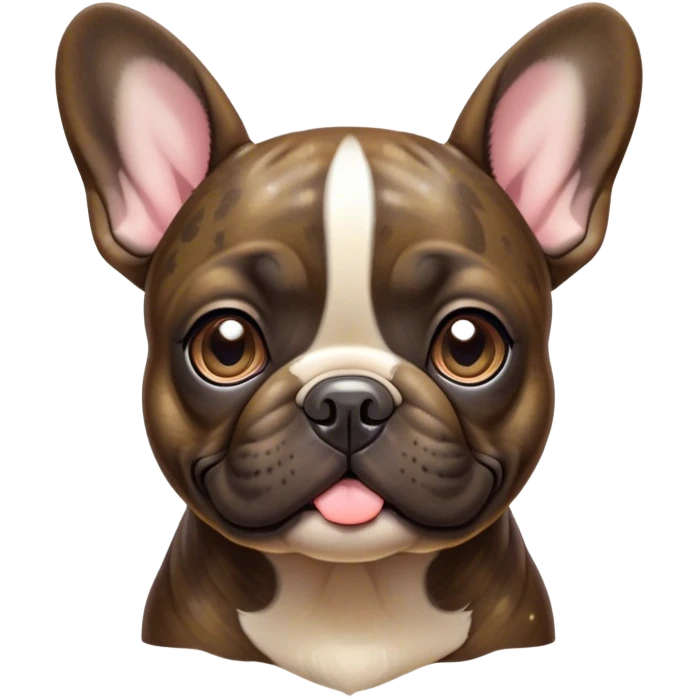 Cinematic Cute Brindle French Bulldog Portrait Emoji, Head tilted playfully and inquisitively, featuring a glossy brindle coat with a smooth texture and delicate fawn highlights, round, sparkling dark eyes filled with curiosity, Simplified yet irresistibly adorable features, highly detailed, glowing with a warm, friendly glow, high shine, affectionate and lively, stylized with a touch of whimsy, bright and endearing, soft glowing outline, capturing the essence of a mischievous yet loving companion, so playful it feels like it could prance out of the screen and into your arms! emoji