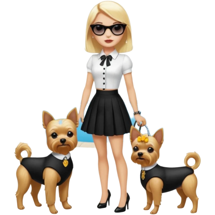 Palm beach Honey Barbie Wednesday Addams , blonde, full body visible, small 2 piece, sunglasses,heels,yorkie dog  emoji