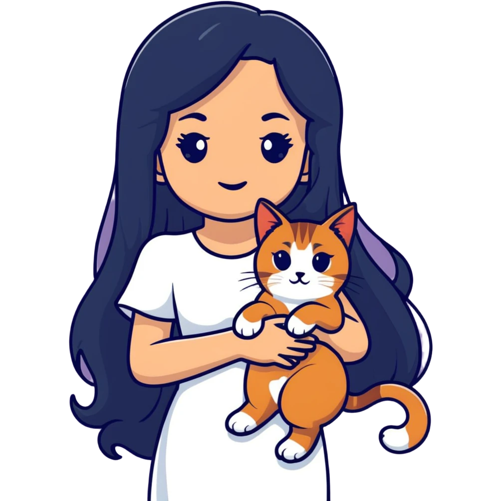 A beautiful girl with long black hair wearing a white dress holds an Abyssinian cat in her arms emoji