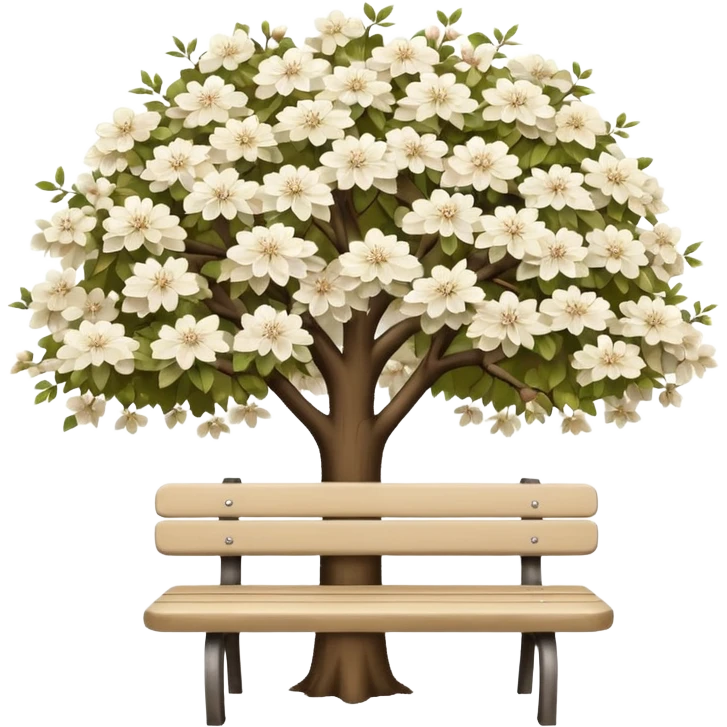 beautiful beige bench and beautiful white blooming tree emoji