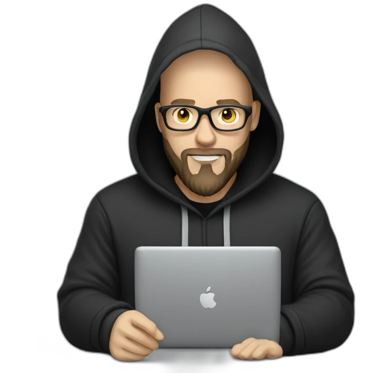 bald white man with glasses and a black beard typing on apple computer wearing a black hoodie emoji