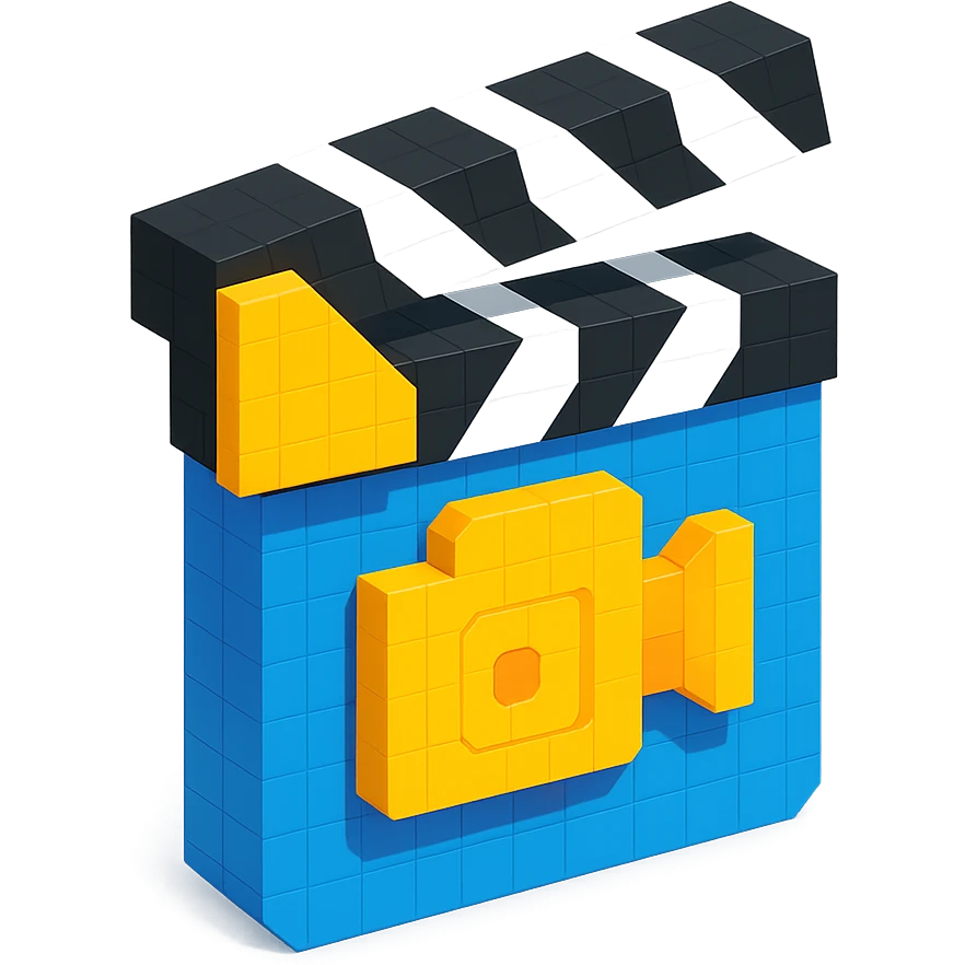 voxel style movie clapperboard with a camera icon, isometric view emoji