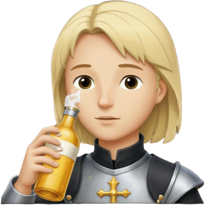 Jeanne d’arc dans un biberon et un homme grand un rase cheveux blond le boit emoji