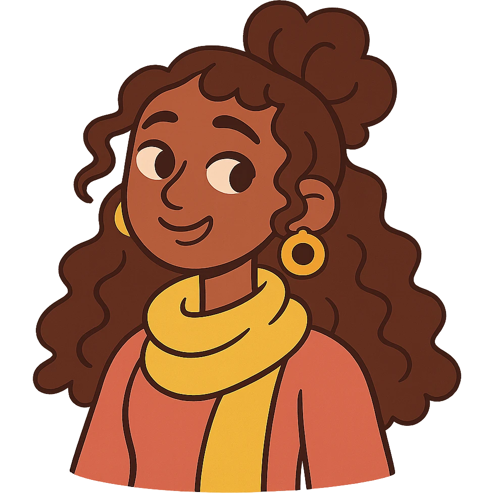bohemian girl with brown skin, long curly brown hair up, lemon yellow scarf, round earrings emoji