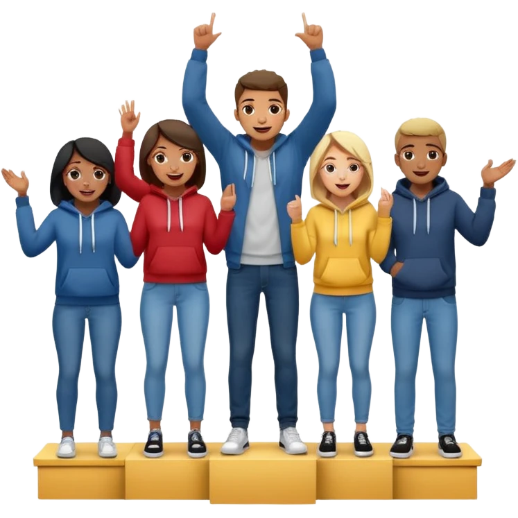 multi-racial men and women standing on a winners’ podium with the middle podium position elevated, no numbers on the podium, each person casually dressed in fun clothing like jeans and hoodies, very excited, fun, expressive emoji style emoji