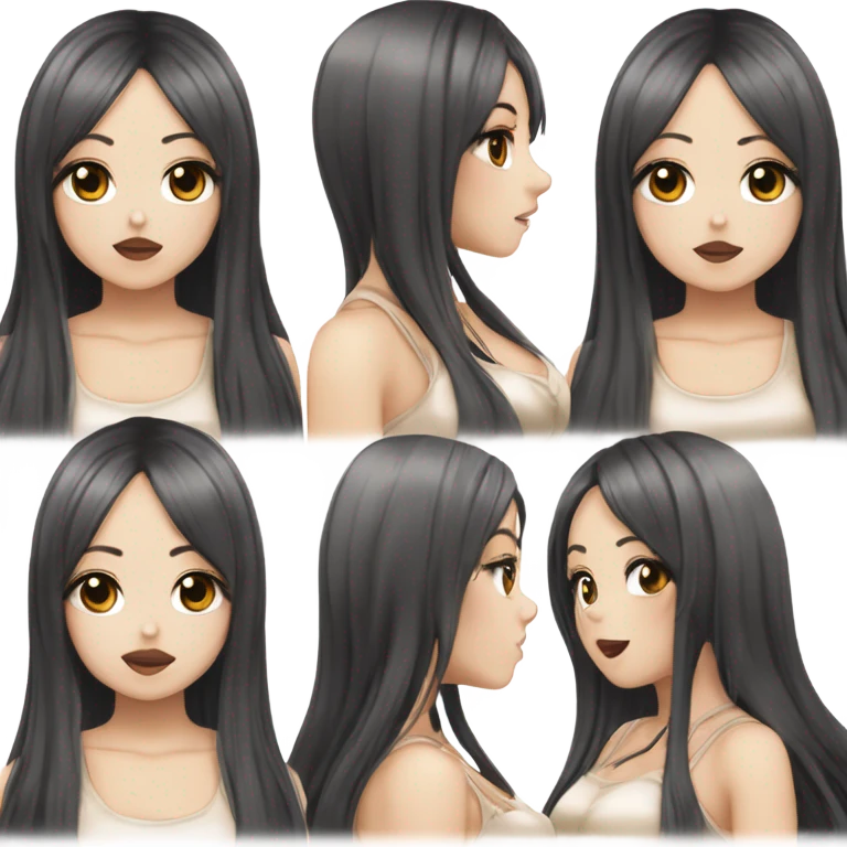 hime gyaru girl with LONG SILKY BLACK HAIR, with beige satin halter top with chest, very pale skin and pretty brown monolid eyes emoji