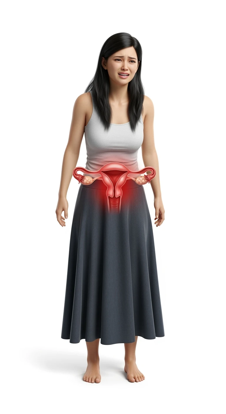 donna a figura intera con utero umano realistico in 3d in evidenza dolorante, espressione di dolore in volto, sfondo bianco, non farla computerizzata, ma iperrealistica 4k emoji