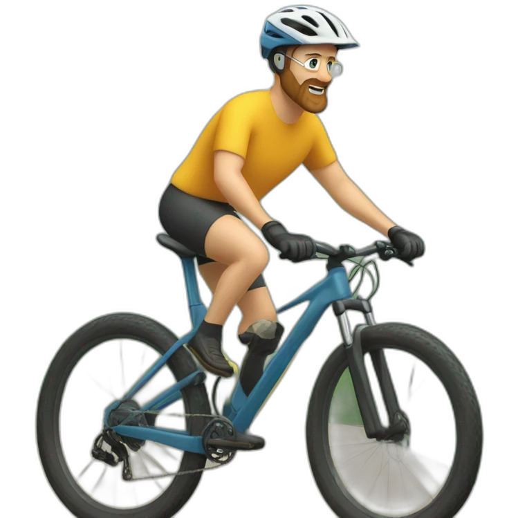 A 50 years old man with blond hair and a blond Beard is driving a mountain bike emoji