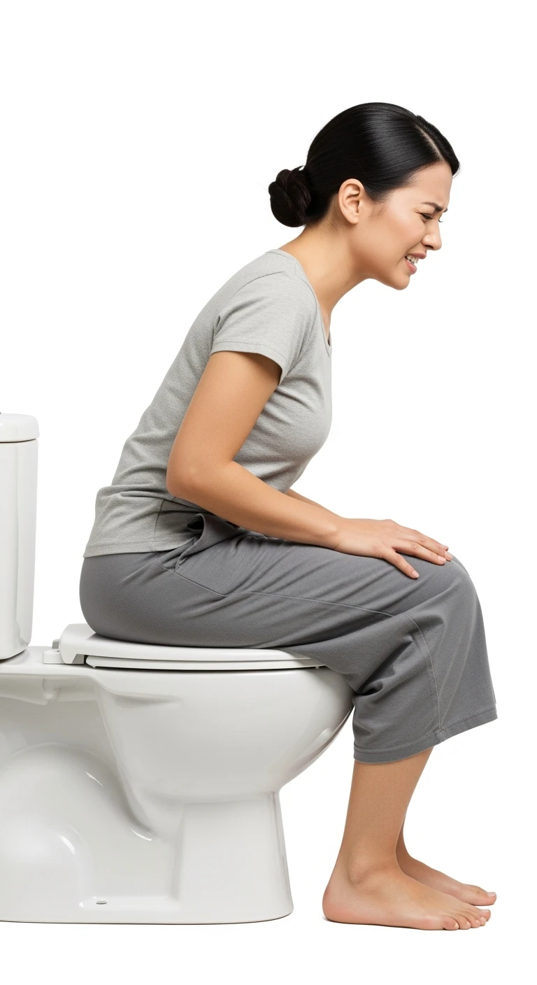DONNA SEDUTA SUL WC DI PROFILO A FIGURA INTERA CON ESPRESSIONE DI DOLORE IN VOLTO PERCHé SOFFRE DI CISTITE, SFONDO BIANCO emoji