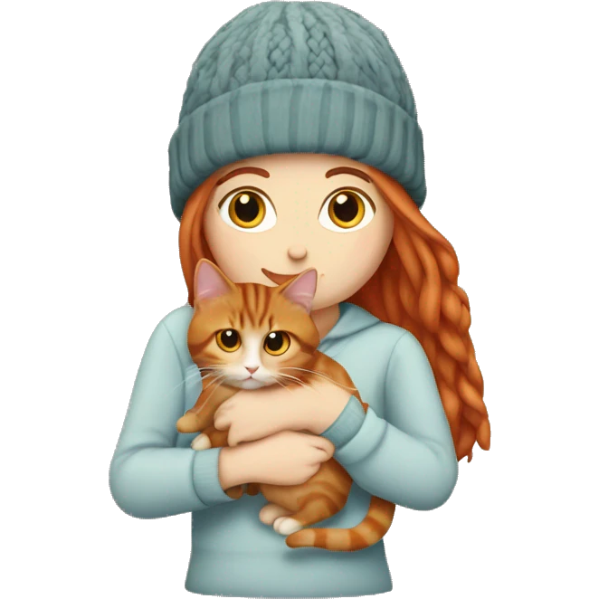Long Red haired white woman in beanie with holding a long haired tabby cat emoji