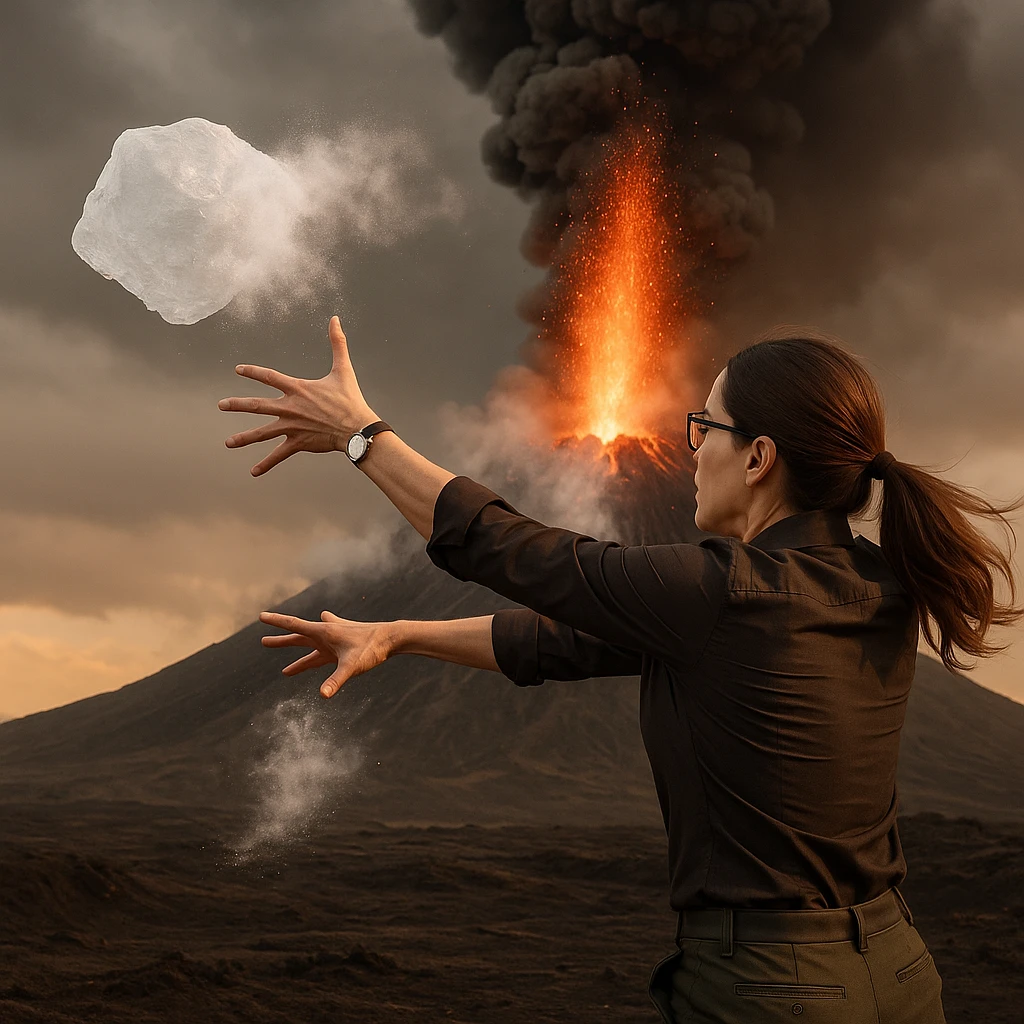 Create a hyperrealistic woman similar to the reference photo, back view, throwing ice onto an active volcano. The ice evaporates immediately with no effect. The expression of effort should be visible in the body language. The scene is symbolic with detailed features. emoji