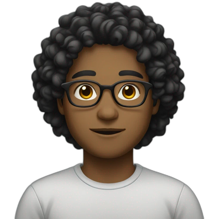 A young man wearing glasses, his skin is very light black , and He has long curly hair and a black winter shirt as well emoji