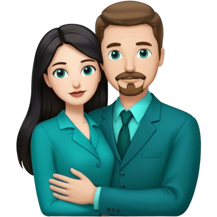 tall white man with brown hair goatee mustache hugging a pale woman with long black hair, wearing teal formal clothing emoji
