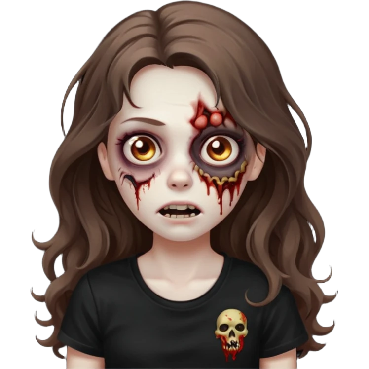 crie um emoji de uma garota zoombie cabelo castanho e longo , assustadora e fofa com cabelo ondulado 2b e camiseta básica preta emoji