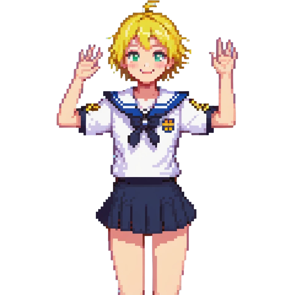 Pixel art anime girl with short bright yellow hair wearing Japanese sailor style school uniform, composed posture with hand on hip but energetically waving with other hand, excited smile and happy eyes emoji