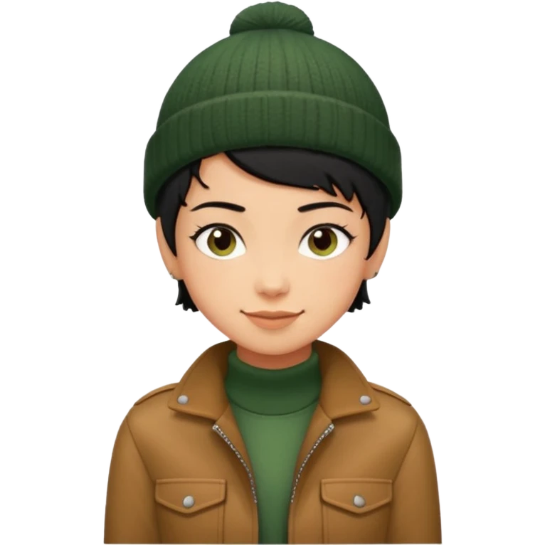 tan skin, non binary person with pixie cut black hair, wearing brown jacket and dark green beanie, shy smile  emoji