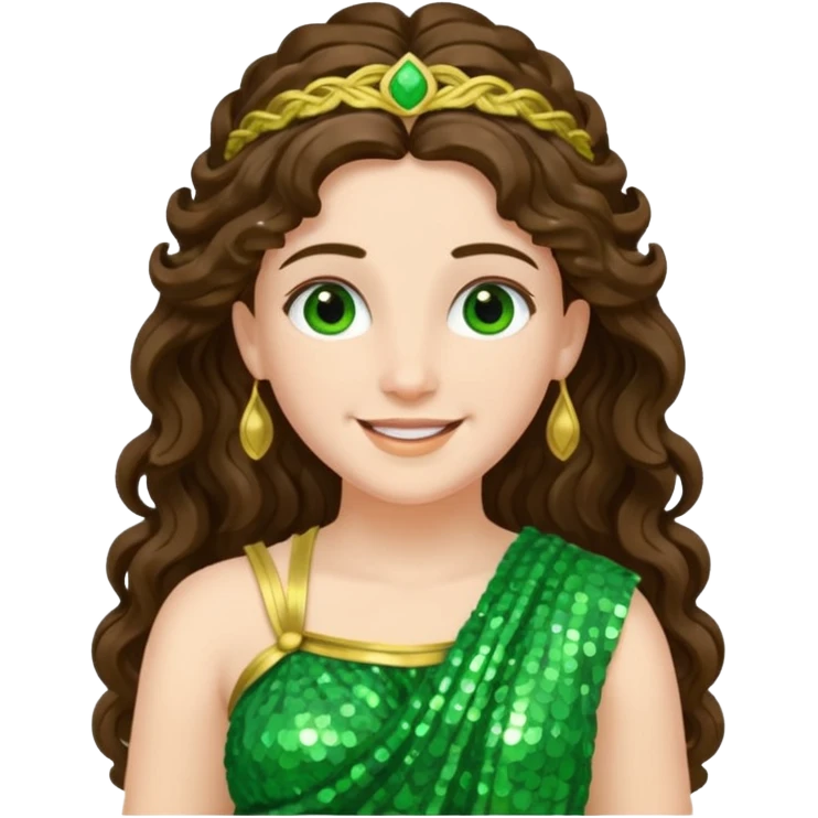 Juno, Goddess of Marriage from Roman Deities with long brunette wavy hair, green sequin toga emoji