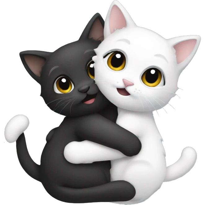Two kittens are hugging, one is white, the other is black emoji