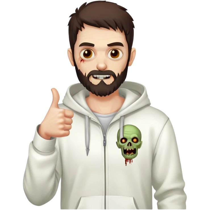 zombie with thumbs up gesture wearing white hoodie, with dark brown hair and short full beard emoji