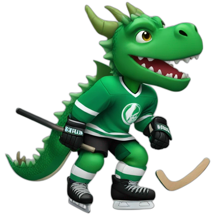 green dragon wearing a black ice hockey jersey playing ice hockey emoji