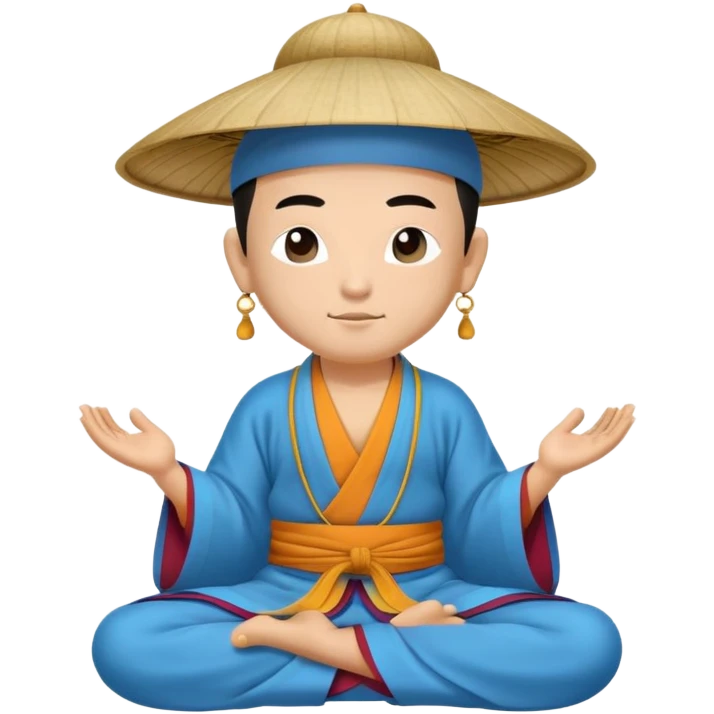 Tibetan monk in Asian hat floating in lotus pose in blue kimono emoji