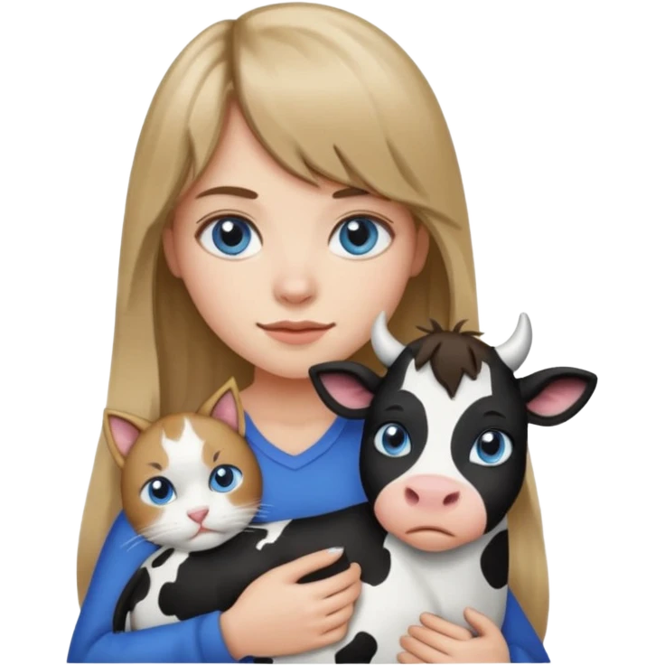 Apple-style emoji sticker of a young woman with long dark blond hair and bang, blue eyes , holding a cat black and white like a cow patch on her chest.  emoji