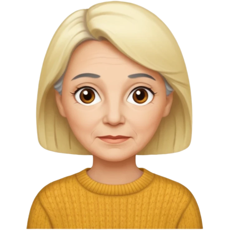 Rea emoji bionda di 70 anni occhi castani sopracciglia nere faccia più paffutella e maglione grigio ma le sopracciglia nere emoji